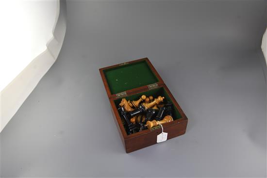 Possibly Ayres NOT Jaques & Sons, London. A Staunton pattern boxwood and ebony chess set, king 4.25in.